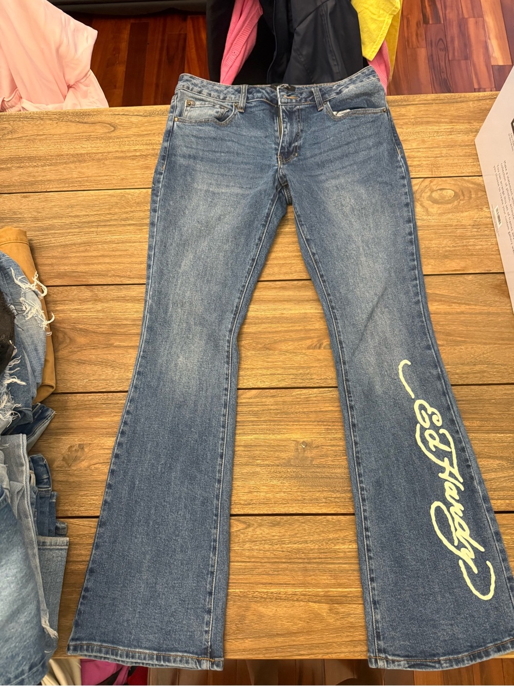 Ed Hardy Blue Flare Jeans with Subtle Wash